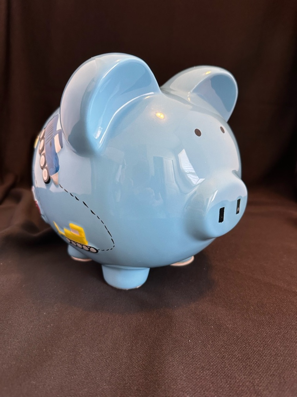 Child to Cherish Light Blue Ceramic Piggy Bank with Construction Vehicles